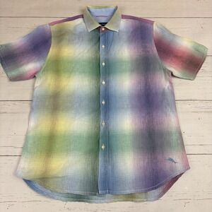 Tommy Bahama Shirt Mens M Linen Multicolor Plaid Short Sleeve Button-Up Casual